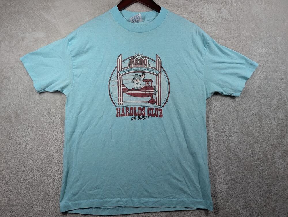 Vintage Single Stitch Harold's Club or Bust Reno Nevado Blue Shirt Size XL*